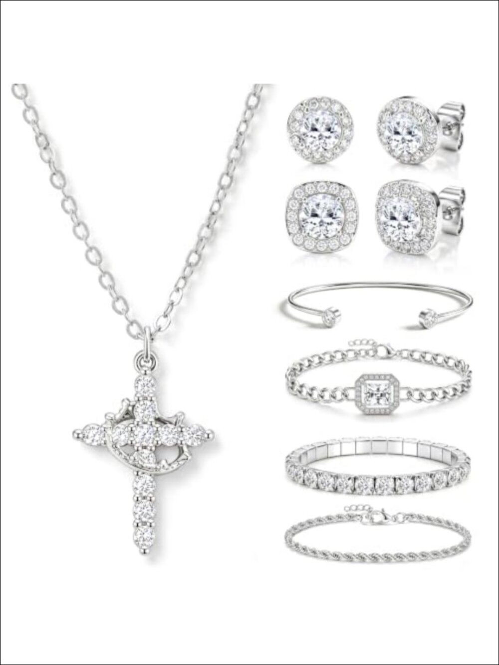 7 Pc Jewelry Set Women Cross Necklace Bracelet CZ Earrings